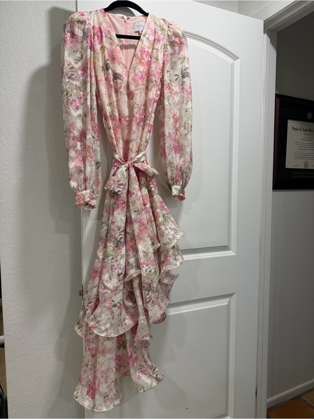 Ruffled Floral Wrap High-Low Dress in Pink and Cream